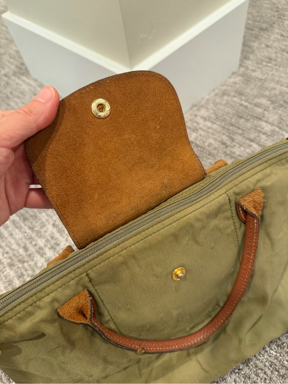 Longchamp Le Pliage Small Top Handle Tote Bag Khaki Green Made in France 13”x8.5 - Picture 4 of 11